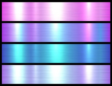 Metal dokular seti, parlak çok renkli metalik arka planlar, mor mavi fırçalı metal vektör çizimi.