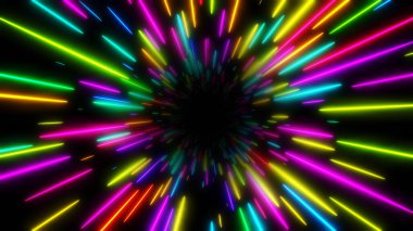 Soyut arkaplan neon parlaklık renkleri. Galakside ışık hızı. Evrende patlama oldu. Etkinlik, parti, karnaval, kutlama için kozmik arka plan. 3 Boyutlu Hazırlama.