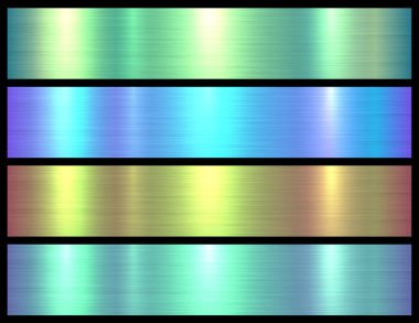 Metal dokular seti, parlak çok renkli metalik arka planlar, yeşil mavi fırçalı metal vektör çizimi.