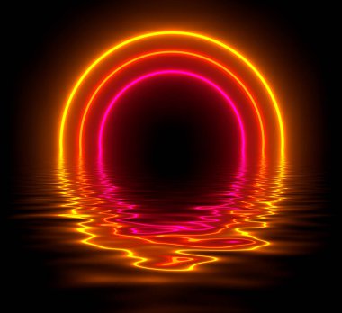 Abstract futuristic background, orange red neon lights gate with 3D glowing reflected in water, sci fi render illustration. clipart