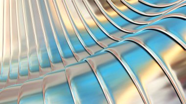 Abstract iridescent striped pattern background, wavy holographic gold blue stripes pattern, interesting architectural minimal wallpaper, 3D render illustration.