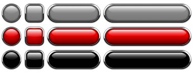 Metalik krom elementlerle izole edilmiş çok renkli düğmeler, 3D web sitesi çizimi için navigasyon paneli.