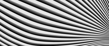 Dalgalı çizgiler desenli soyut siyah beyaz arkaplan, çizgili vektör arkaplanı 3D illüstrasyon.