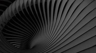Soyut koyu gri arkaplan, dalgalı sarmal çizgiler, mimari asgari duvar kağıdı, 3D resimleme.