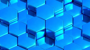 Mavi metal altıgen geometrik arkaplan, en az bal peteği desenli duvar kağıdı, 3D resimleme