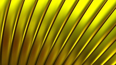 Altın rengi metal çizgili arka plan, dalgalı parlak metalik çizgiler, üç boyutlu çizim.