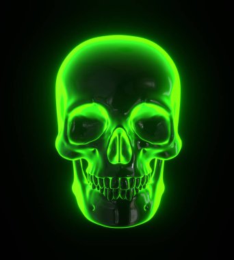 Siyah arkaplanda insan kafatası, yeşil renkli kafatası simgesinin ön görünümü, üç boyutlu resimleme