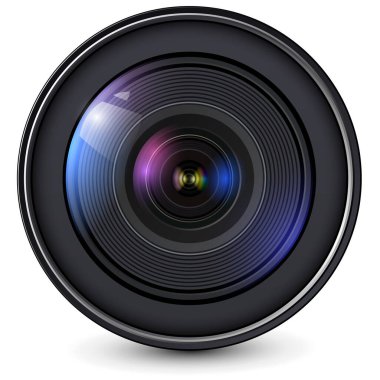 Kamera merceği izole edildi, ışık yansımalı ön görünüm, gerçekçi 3D ikon vektör illüstrasyonu.