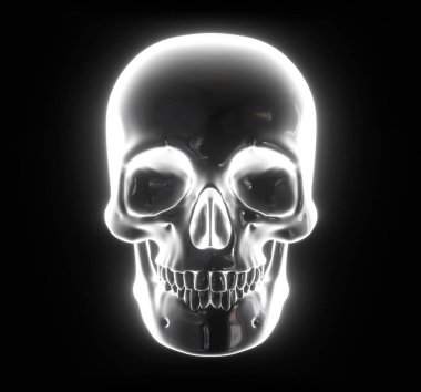 İnsan kafatası ön görünümü siyah arkaplanda izole edilmiş, beyaz renkli parlayan kafatası simgesi, 3D resimleme.