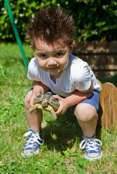 Kleine jongen bedrijf schildpad — Stockfoto