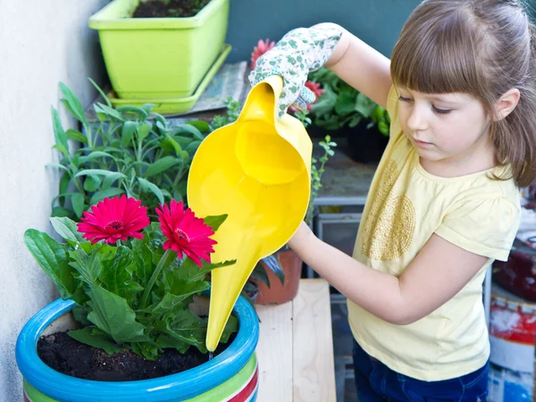 Junges Mädchen wässert lächelnd Topfblumenpflanze — Stockfoto