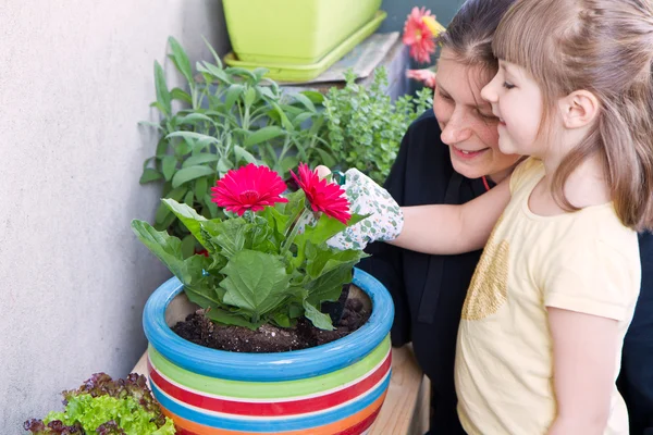 Mãe e criança jardinagem flor planta — Fotografia de Stock