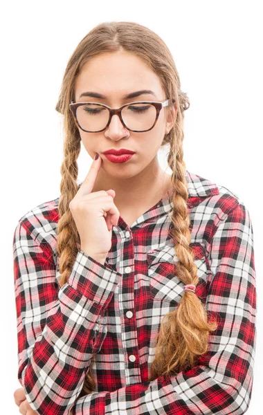 Healthy young thinking woman in glasses — Stock Photo, Image