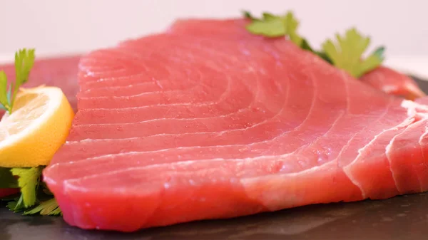 Fresh Raw Red Tuna Fillet Wooden Board — Stock Photo, Image