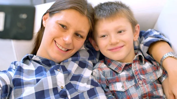 Mother Son Talking Smiling Making Video Call Someone Using Smartphone — Stock Photo, Image