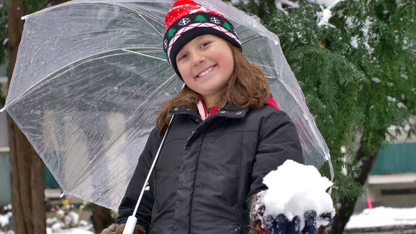 Young Girl Fallen Snow Transparent Umbrella Stock Photo