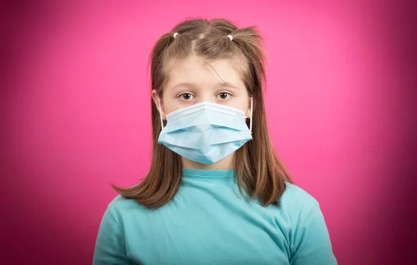 Portrait Young Girl Wearing Medical Face Mask Coronavirus Isolated Pink — Stock Photo, Image