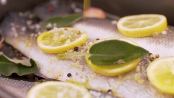 Färsk Havsabborre Redo För Matlagning Pannan Med Citronskivor Och Salvia — Stockvideo