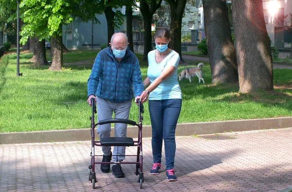 Joven Cuidador Acompaña Anciano Caballero Ayudándole Caminar Parque —  Fotos de Stock