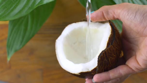 Wasser Spritzt Die Hälfte Der Kokosnuss — Stockvideo