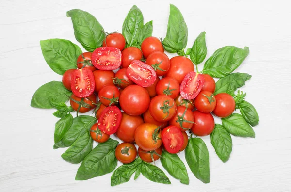 Group Fresh Red Tomatoes Green Leaf Fresh Basil — Stock Photo, Image