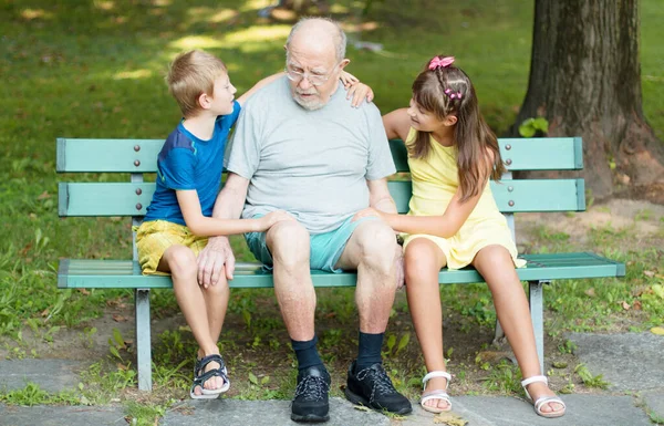 Happy Children Theri Grandfather Playing Time Together Bench Park — Stock Photo, Image