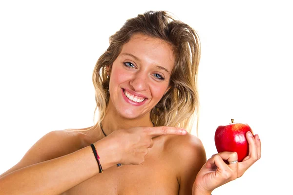 Hermosa chica con una manzana roja — Foto de Stock