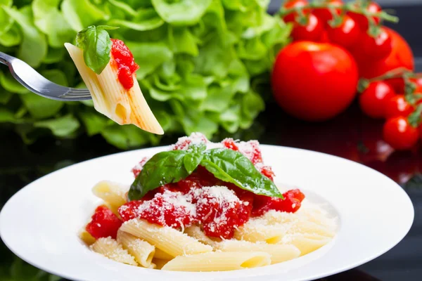 Pasta met tomatensaus en basilicum — Stockfoto