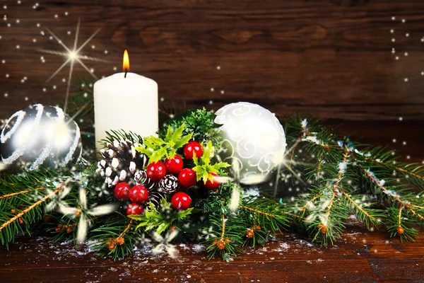 White Christmas decorations on spruce branches — Stock Photo, Image