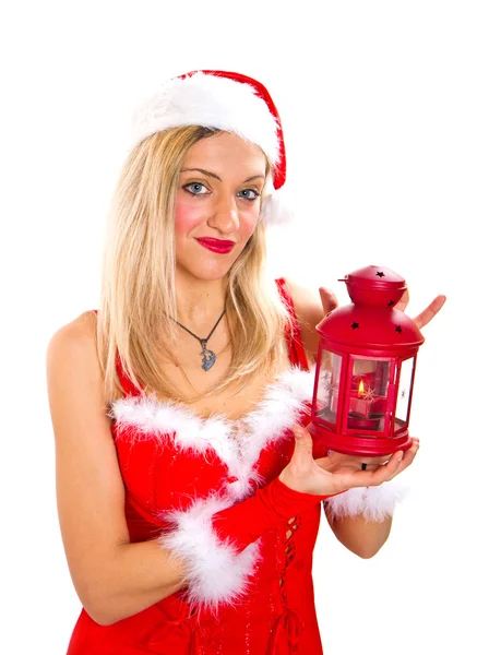 Christmas flicka med röda lyktan — Stockfoto