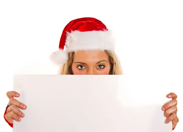 Christmas pretty woman peeking from  blank sign billboard isolat — Stock Photo, Image