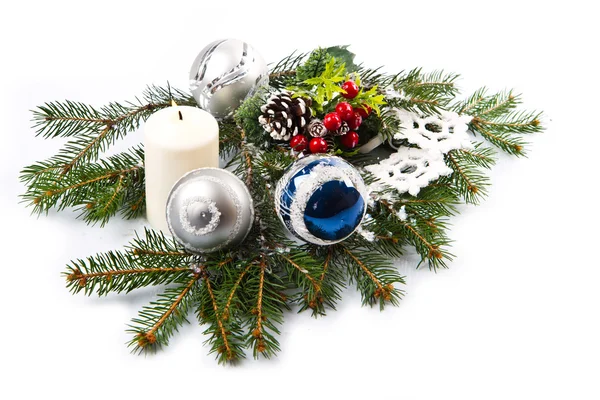 Christmas accessories in blue & fir tree branch on white — Stock Photo, Image