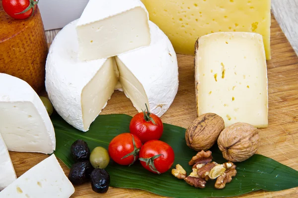 Various types of cheese on wood — Stock Photo, Image