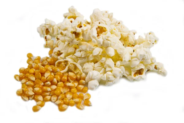 Pop Corn and kernels isolated on white background — Stock Photo, Image