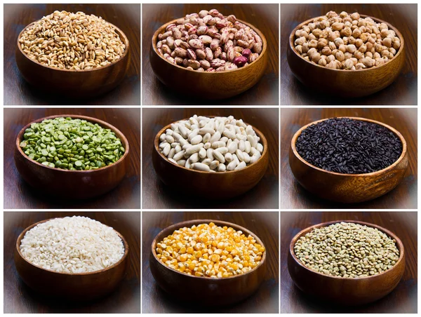 Collage of different type of legumes isolated on wood — Stock Photo, Image
