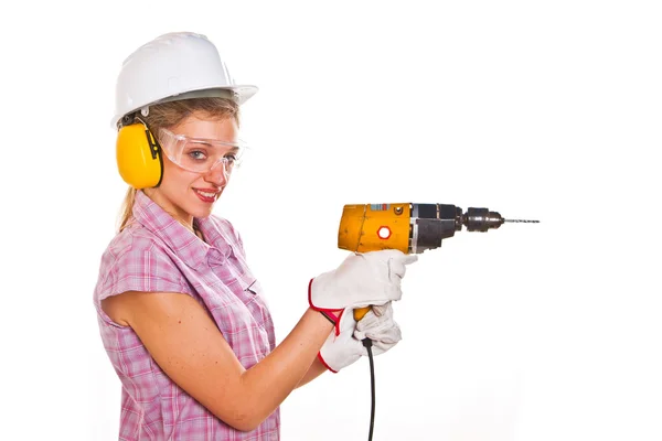Woman carpenter holding drill — Stock Photo, Image