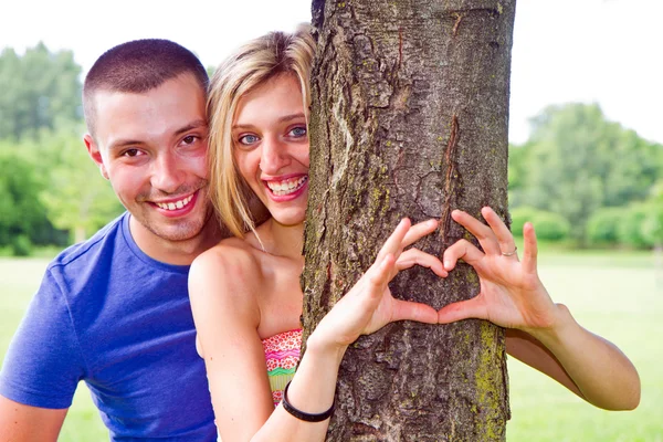 Pareja está poniendo sus manos en el árbol en una forma de corazón —  Fotos de Stock