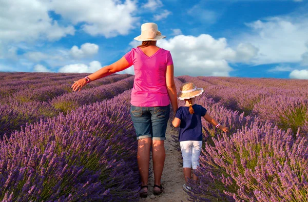 Mother and Girl walking in lavender field — Stock Photo, Image