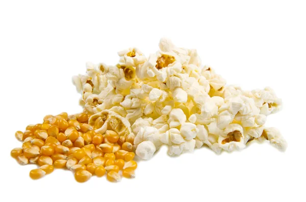 Pop-Corn och kärnor isolerad på vit bakgrund — Stockfoto