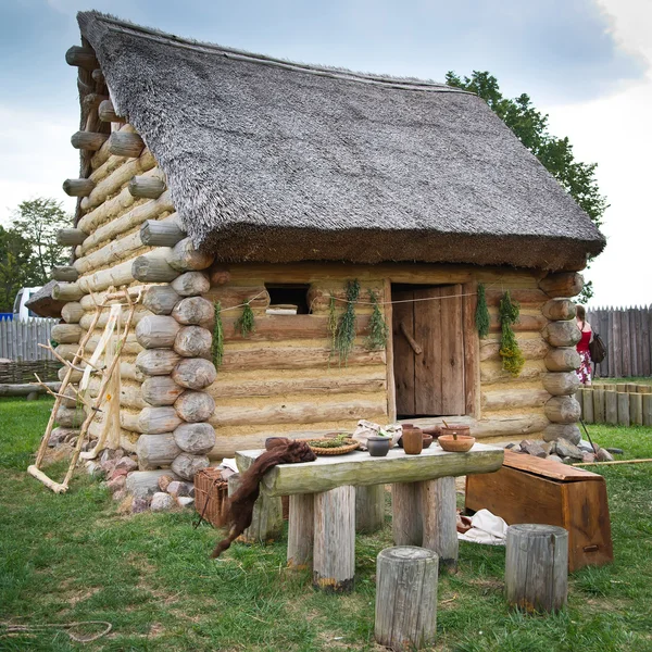 Kleine Kräuterhütte mit Strohdach Stockbild