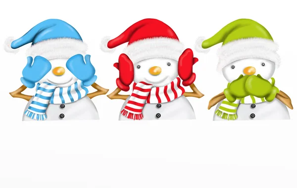 Cartão postal com boneco de neve com chapéu vermelho — Fotografia de Stock