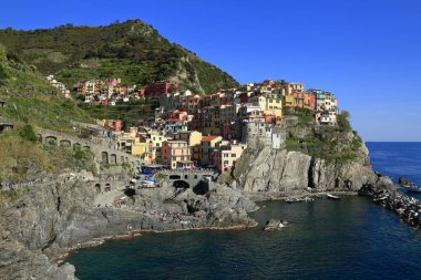İtalya 'nın Cinque Terre kentindeki renkli kayalık köy Manarola' da balıkçı tekneleri, kayalık limanları, teraslı üzüm bağları ve canlı mimarisi ile Akdeniz 'in üzerine tünemişti.