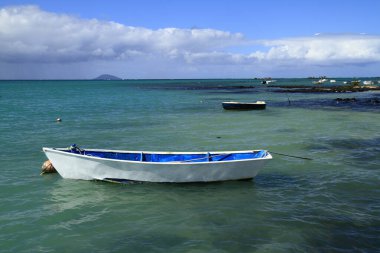 Çok sayıda renkli balıkçı teknesi, ağaçlarla kaplı bir kıyıya yakın güneşli bir gökyüzünün altında canlı turkuaz sulara demirlemiştir.