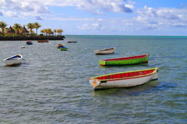 Çok sayıda renkli balıkçı teknesi, ağaçlarla kaplı bir kıyıya yakın güneşli bir gökyüzünün altında canlı turkuaz sulara demirlemiştir.