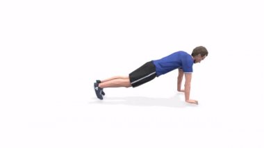 Plank Ins Man, mavi tişörtlü beyaz arka plan üzerinde 3D animasyon modeli uyguluyor. Düşük Çoklu Biçim. 
