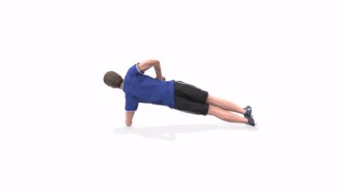 Side Plank Up ve Down Man animasyon 3D modelini mavi tişörtlü beyaz arka planda kullanıyor. Düşük Çoklu Biçim. 