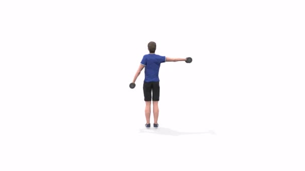 Schultern Hebt Man Übungsanimation Modell Auf Weißem Hintergrund Blauen Shirt — Stockvideo
