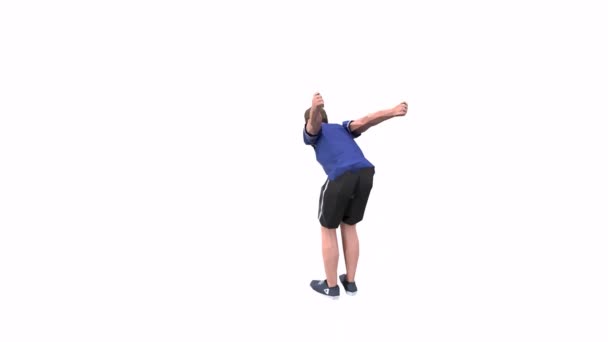 Board Jump Man Övningsanimation Modell Vit Bakgrund Blå Shirt Låg — Stockvideo