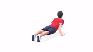 Hindu Push Up Man animasyon 3D modeli kırmızı tişörtlü beyaz arka planda. Düşük Çoklu Biçim