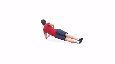 Yan Plank Up & Down Man animasyon 3D modelini kırmızı tişörtlü beyaz arka plan üzerinde uygular. Düşük Çoklu Biçim